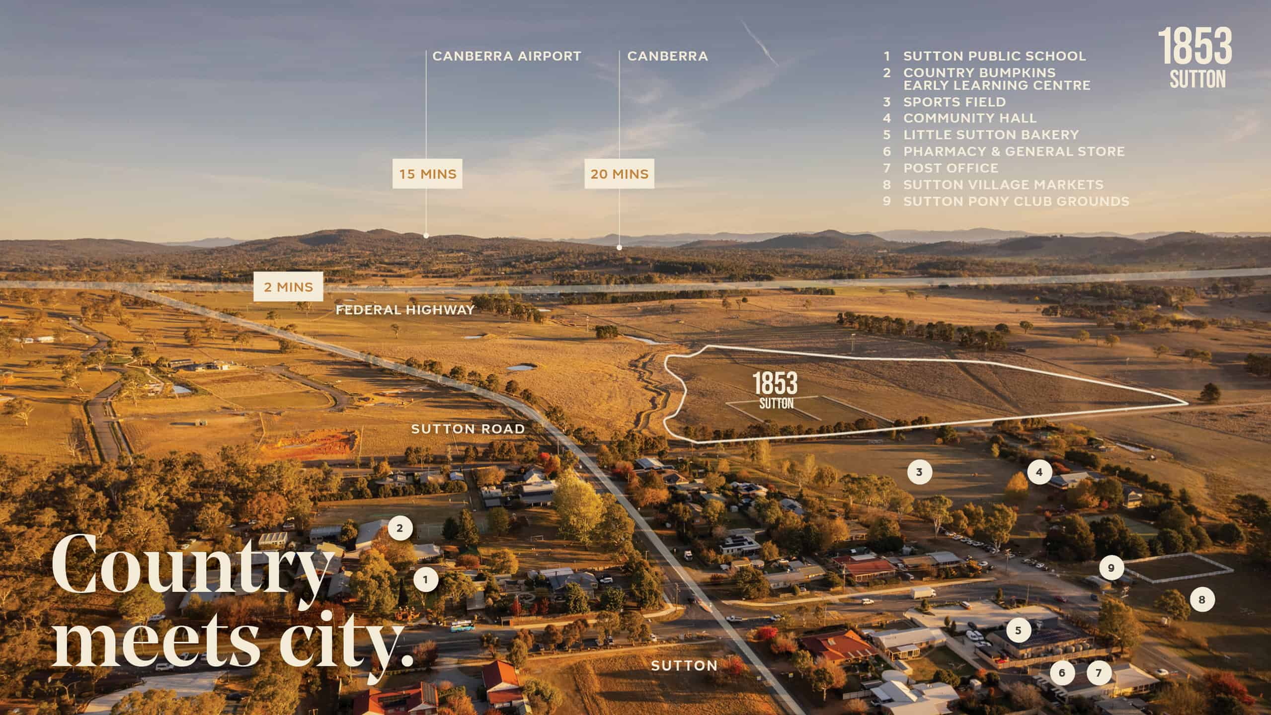 Location map showing distance to canberra airport (20mins), canberra (25mins), federal highway (2mins)